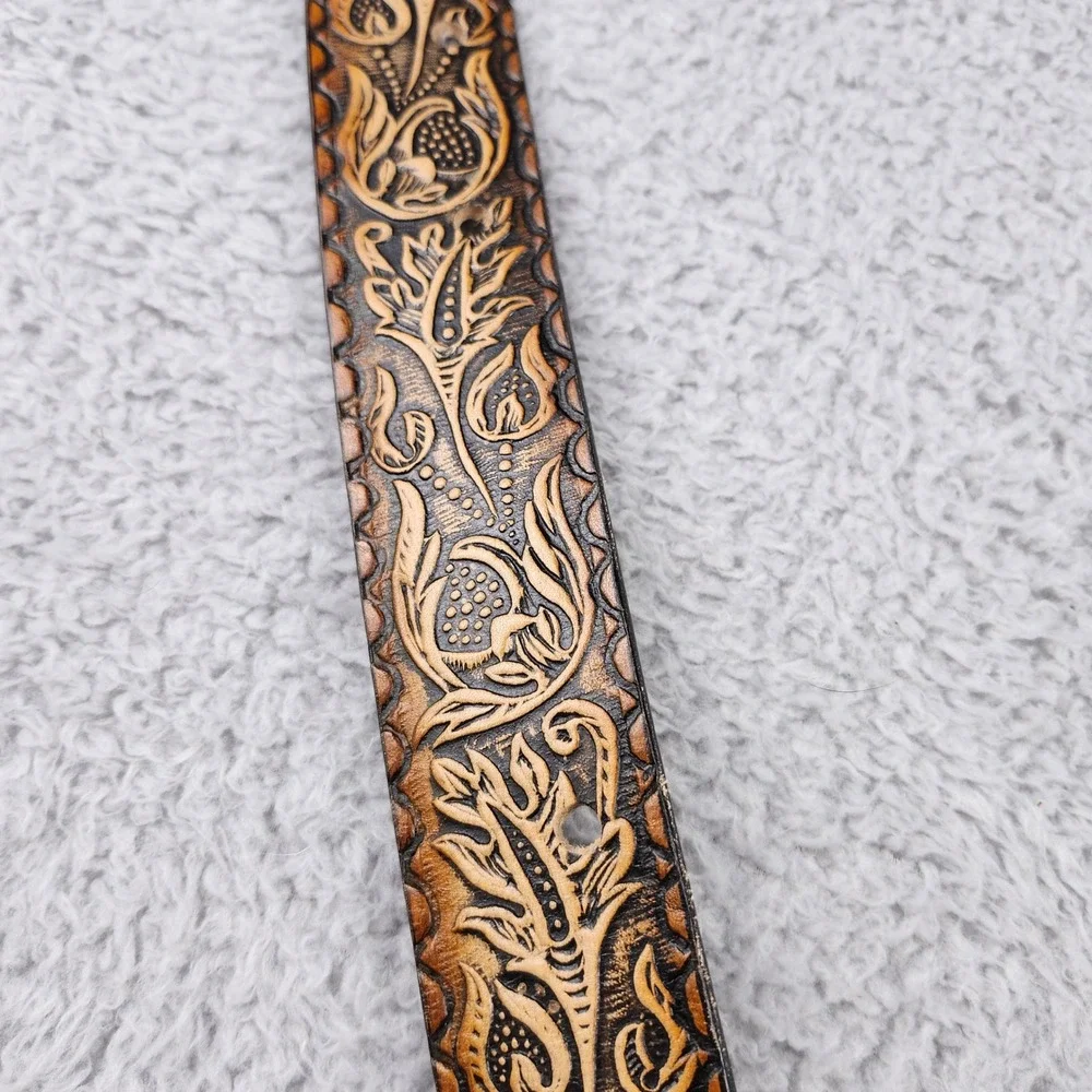 Vintage Brown Tooled Leather Western Belt Made in Mexico Size 42 Silver Buckle
